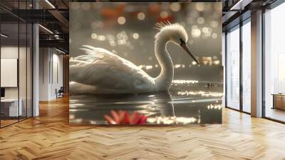 A white egret with ruffled feathers swims in a pond with pink water lilies, bathed in the warm glow of the rising sun. Wall mural