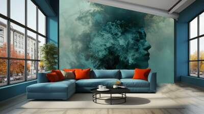 A woman's face emerges from a swirling cloud of teal and black smoke, creating a surreal and ethereal effect. Wall mural