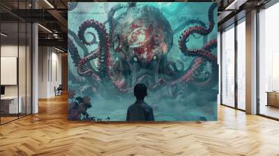 A young boy gazes in awe and fear at a giant, monstrous octopus behind a glass wall. Wall mural