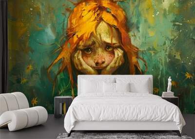 A young girl with red hair sits with her chin on her hands looking sadly at the viewer. Wall mural