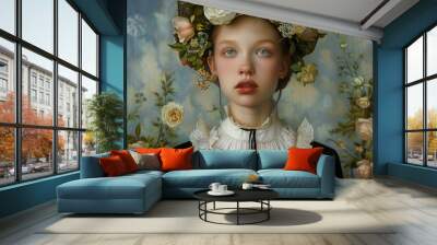 A Young Woman Adorned with Flowers in a Dreamy Garden Wall mural