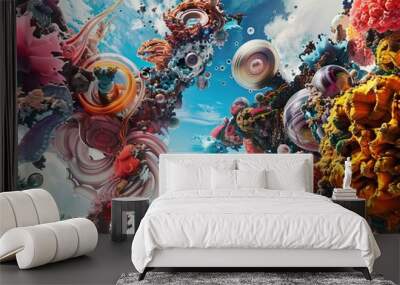 Abstract colorful 3D shapes floating in a blue sky with white clouds. Wall mural