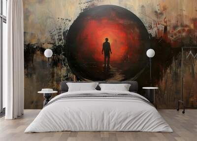 Abstract painting of a lone figure standing in a circle of red light. Wall mural