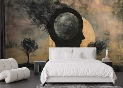 Abstract painting of a person's head with a planet inside, a full moon in the background and two trees. Wall mural