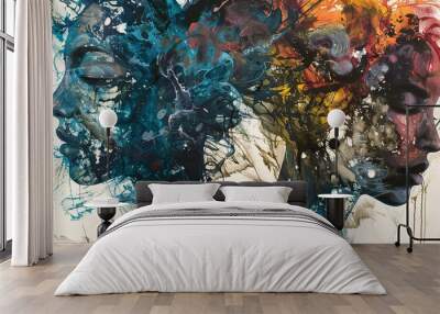 Abstract painting of two female faces with colorful swirls, suggesting the duality of human nature. Wall mural