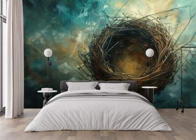 An empty bird nest made of twigs sits on a textured background of blue and brown hues. Wall mural