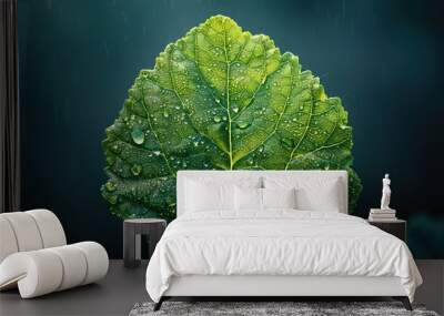 Close Up of a Green Leaf with Rain Drops Wall mural