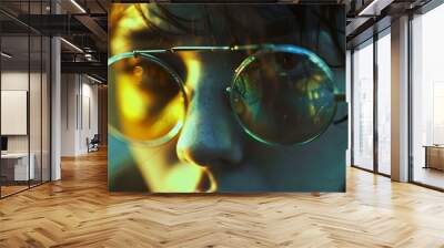 Close-up of a person's face wearing round sunglasses. The reflection in the sunglasses shows a city at night. Wall mural