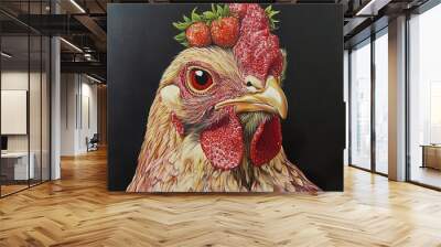 Close Up Portrait of a Chicken with Strawberries on its Head Wall mural