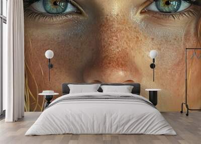 Close Up Portrait of a Woman with Blue Eyes and Freckles Wall mural