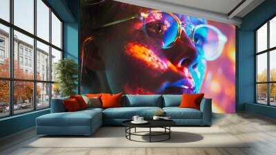 Close-up portrait of a young woman with glasses looking to the side, colorful neon light reflections on her face. Wall mural