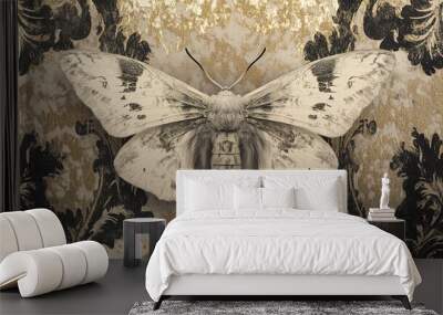 Elegant White Moth on Gold and Black Background Wall mural