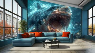 Great White Shark Attack: A Close-Up View of a Predator's Jaws Wall mural