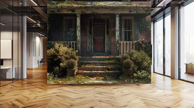 Haunted House with Overgrown Porch and Fall Leaves Wall mural