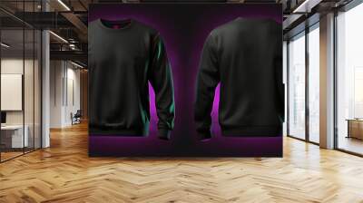 Blank sweatshirt black color preview template front and back view on neon glowing background, hoodie mockup, AI Generative Wall mural