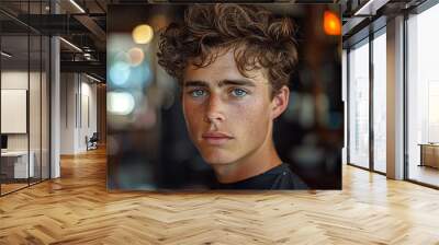 Intense Portrait of a Young Man with Blue Eyes and Freckles Wall mural