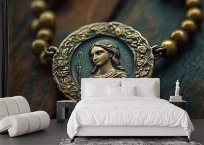 a Catholic saint medallion on a prayer bracelet. Wall mural