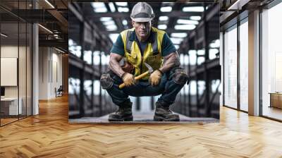 A construction worker dressed in a hard hat, yellow safety vest, and work boots, with a tool belt slung low on his hips. His strong, weathered hands hold a hammer with a determined gaze Wall mural