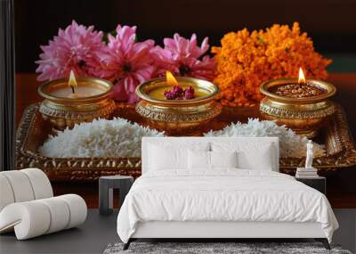 a festive tray with diya, kumkum, rice, and flowers for puja rituals. Wall mural