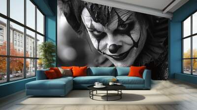 A person dressed as a clown with a creepy grin. Wall mural