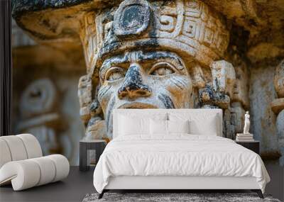 Aztec god Huitzilopochtli in a stone carving. Wall mural