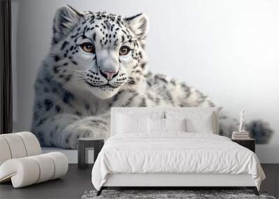 Cute Snow Leopard: A snow leopard with its thick fur and intense gaze against a white background Wall mural