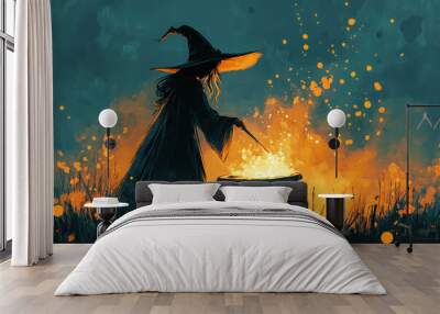 Illustration of a witch stirring a cauldron with a bubbling potion inside. Wall mural