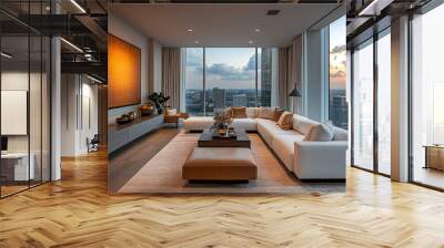 Modern apartment living room with a city view, comfortable seating, and chic decor. Wall mural