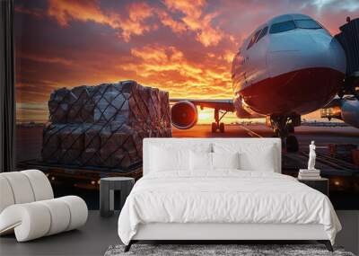 Photograph of a Cargo Plane Being Loaded with Goods: Emphasizing air freight. Wall mural