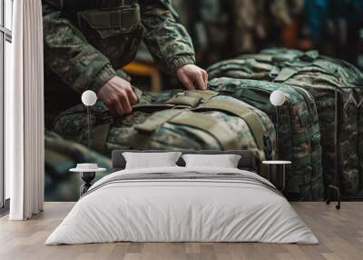 Photograph of a Soldier Prepping Gear Before Deployment: Checking and organizing military equipment. Wall mural