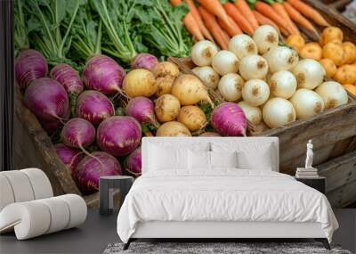 Photograph of a Wooden Crate Filled with Fresh Root Vegetables: Highlighting seasonal produce. Wall mural