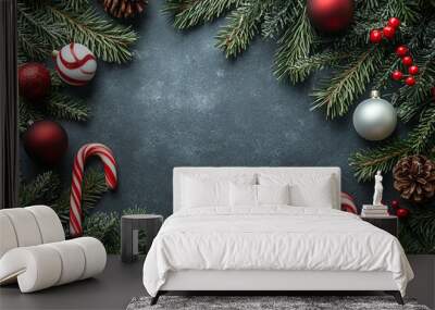 Slate gray background with red and white candy canes, green pine branches, and ornaments. Wall mural