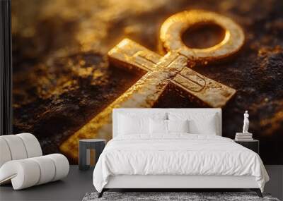 the ankh and sun disk symbol in gold. Wall mural