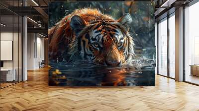 Majestic Bengal Tiger Drinking Water in a Forest Pond Wall mural