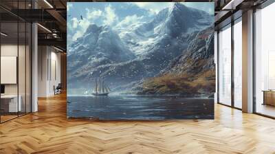 Majestic Mountain Landscape with Sailboat and Gulls Wall mural