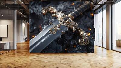 Ornate Golden Sword with Black Blade - Fantasy Weapon Wall mural