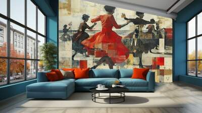 Red Dress Collage: Vintage Fashion and Movement Wall mural