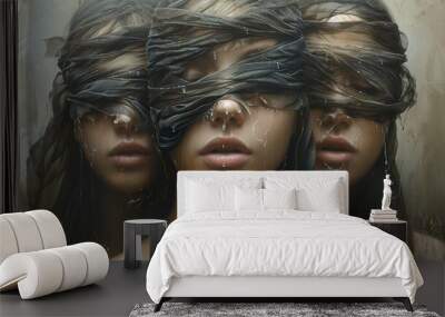 Three Women Blindfolded by Veils and Water Drops Wall mural