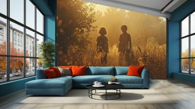 Two children silhouetted against a golden sunrise in a grassy field. Wall mural