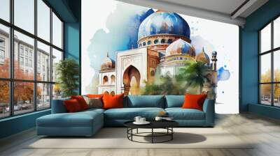 Islamic mosque blue watercolor illustration on white background made with Generative AI Wall mural