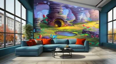 Alien Planet the Mountain and Cave with Fantastic, Realistic and Futuristic Style. Video Game's Digital CG Artwork, Concept Illustration, Realistic Cartoon Style Scene Design
 Wall mural