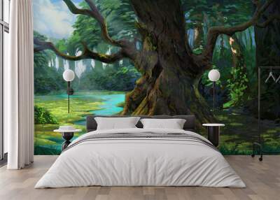 An Ancient Tree in the Forest by the Riverside. Video Game's Digital CG Artwork, Concept Illustration, Realistic Cartoon Style Background
 Wall mural