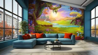 Fantasy land, Grass and Hill, River and Tree with Fantastic, Realistic Style. Video Game's Digital CG Artwork, Concept Illustration, Realistic Cartoon Style Scene Design
 Wall mural