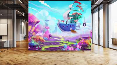 Illustration: Flying to a Mystery Wonderland. Realistic Fantastic Cartoon Style Artwork Scene, Wallpaper, Game Story Background, Card Design
 Wall mural