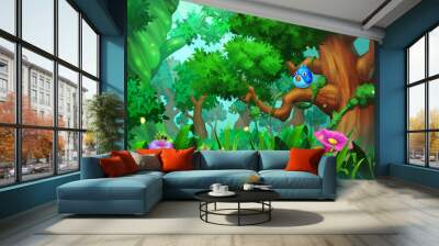 Illustration: The Old-Growth Forest with Green Trees, Grasses and Flowers, and the Bird. Realistic Cartoon Style Scene / Wallpaper / Background Design.
 Wall mural