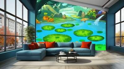 illustration: the sleeping pond in the forgotten forest. realistic fantastic cartoon style scene / w Wall mural