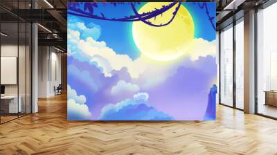 Illustration: The Top of Moon Shadow Mountain with Huge Moon, Sea of Clouds. Cartoon Style. Scene / Wallpaper Design Wall mural