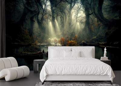 Mystery Deep Forest with River and Fog. Fantasy Backdrop. Concept Art. Realistic Illustration. Video Game Background. Digital Painting. CG Artwork. Scenery Artwork. Serious Painting. Book Illustration Wall mural