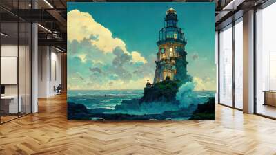 Sea and Lighthouse. Storm Lightning and Dark Cloud.  Fantasy Backdrop. Concept Art. Realistic Illustration. Video Game Background. Digital Book Painting. CG Scenery Artwork. Serious Painting.  
 Wall mural