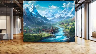 The fantasy valley is surrounded by mountains and a river in the digital art style. Playful cartoon illustrations. Richly detailed backgrounds. Vibrant cartography. Drawing Painting. Generative AI.
 Wall mural